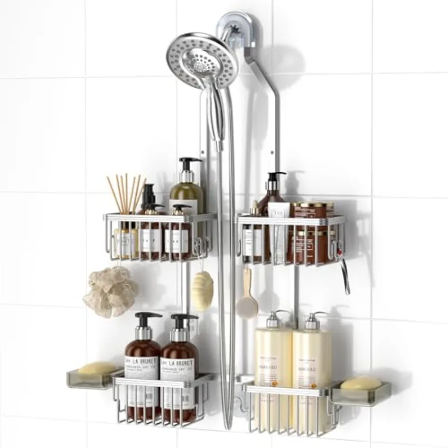 

Aluminum Shower Caddy Hanging Adjustable Shower Caddy, Rustproof Hanging Shower Organizer with Hooks Soap Holders, Over Shower