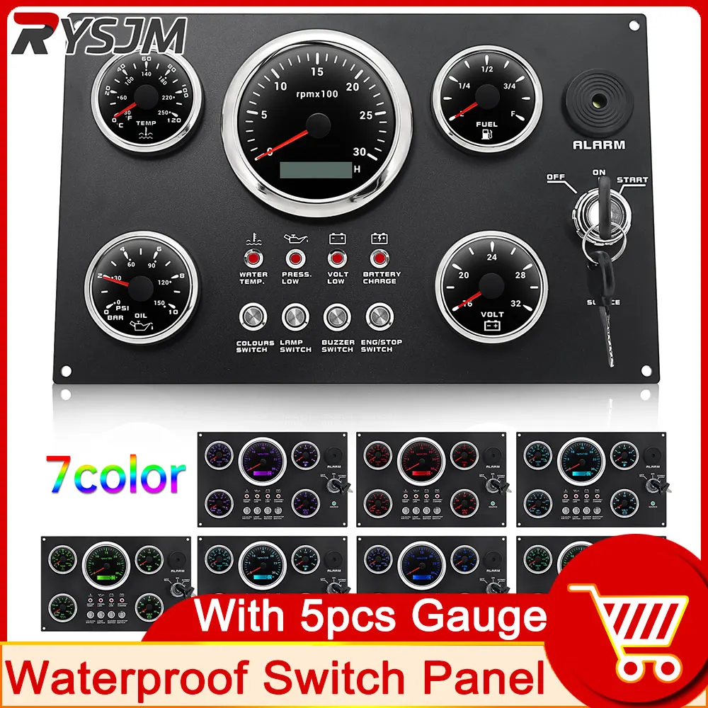 1pc Boat Switch Panel + 5pcs Gauges Tachometer Water Temperature Oil Pressure Gauge Fuel Level Gauge Voltmeter Car Switch Panel