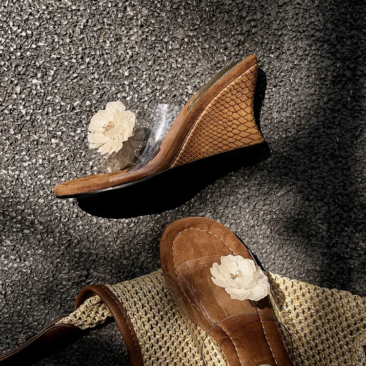 

New Design Women Slippers Transparent PVC Leisure Beach Flip Flops Flowers Decor Wedge Slides Bohemian Sandalias Sapatos Mujer