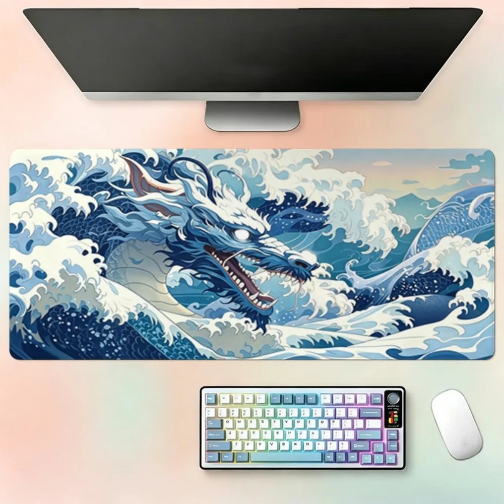 Colorful Mythical Blue Dragon Leaping Over Ocean Waves Print Large Mouse Pad, Polyester Surface, Anti-Slip and Wear-resistant