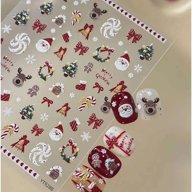 Winter Christmas Nail Sticker Santa Claus Reindeer Gingerbread Man Christmas Tree Wreath  Bowknot Self Adhesive Nail Decoration