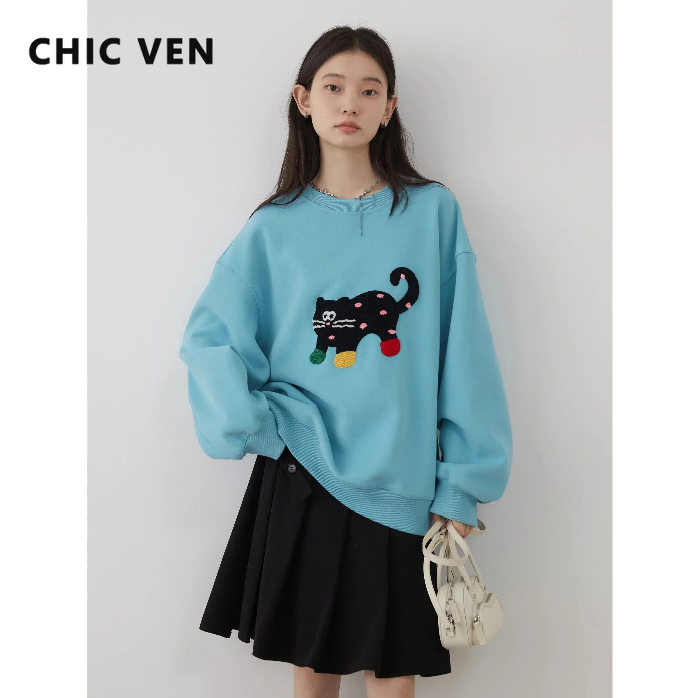 CHIC VEN Women Sweatshirts Loose Casual Streetwear New O Neck Cat Print Female Sports Top for Girl Clothing Autumn Winter 2024