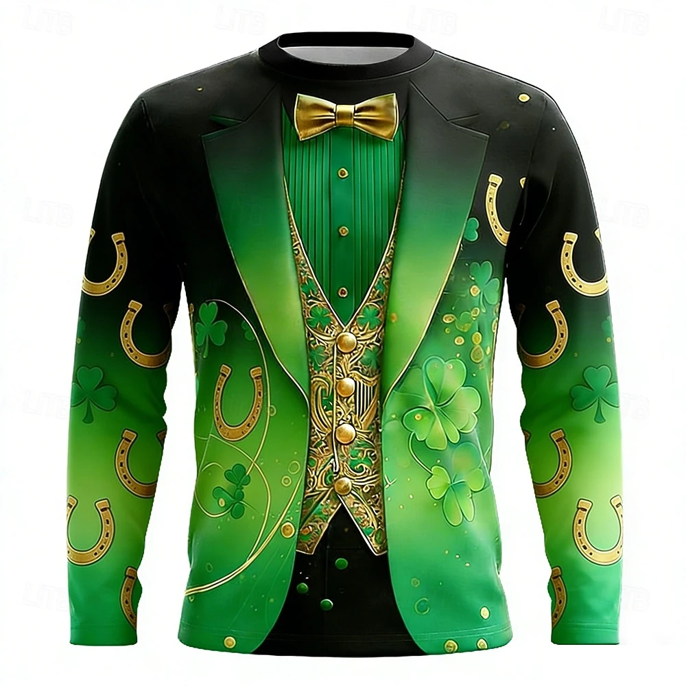 2026 St Patricks Day Men Long Sleeve T Shirt Glowing Shamrock Golden Harp Faux Tuxedo Funny Irish Green Tee Festival Clothing
