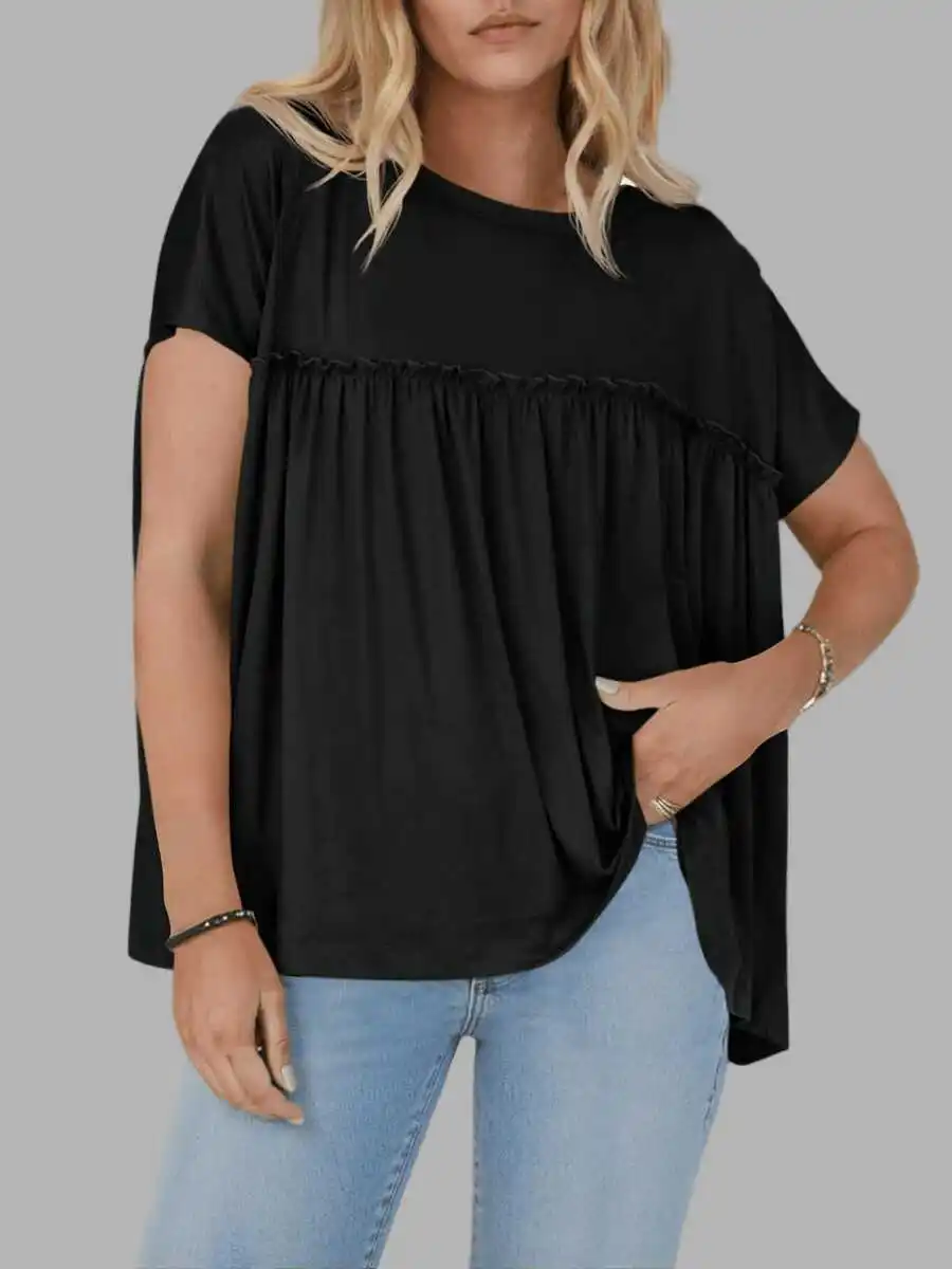 

Womens Summer Short Sleeve Crew Neck Babydoll Top With Ruffled Peplum Loose Fit