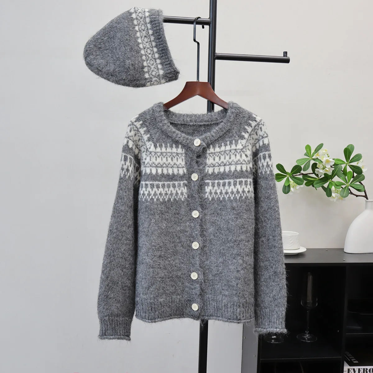 

Women Knitted Cardigan Jumpers Casual Sweaters Hat Jacquard Round Neck Long Sleeve Single Breasted Loose Open Stitch 2025 Autumn