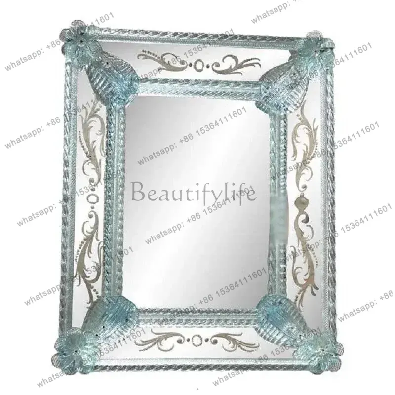 

Retro glass European square makeup mirror wall-mounted decorative mirror blue engraved frame