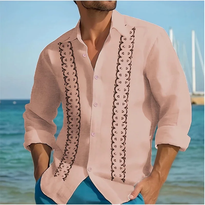 Camisa de moda para hombre con rayas dobles y estampado geométrico, camisa informal de manga larga de lino con botones para hombre, primavera para