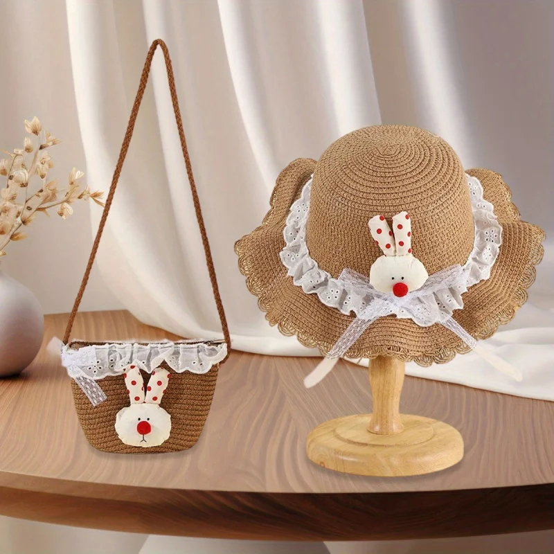 

Комплект из 2 предметов: Детская соломенная шляпа с широкими полями и сумка через плечо, пастельно-розовый, с рюшами и бантом, легкий летний пляжный набор (шляпа и сумка)