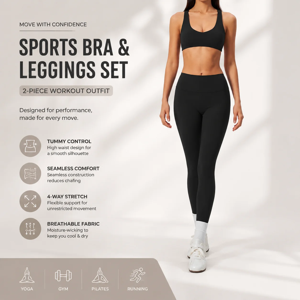 Women's Wide Strap Sports Bra and High Waist Seamless Leggings Set 2-Piece Yoga Workout Outfit with Tummy Control Compression Ti