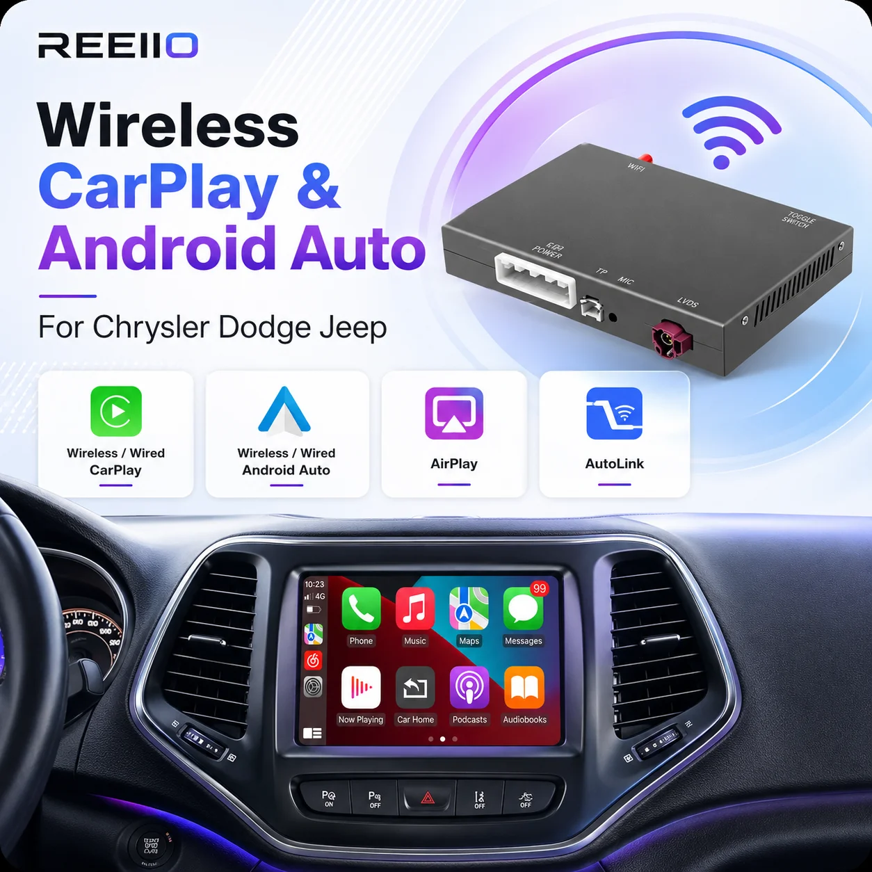 Kabelloser CarPlay Android Auto Decoder Box für Dodge Challenger, RAM, Chrysler 300C, Jeep Grand Cherokee 2013-2020 OEM Auto-Interface-Upgrade-Zubehör mit Airplay, Mirror Link, BT, Karten- und