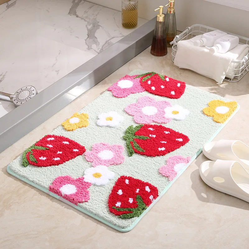 Cute Strawberry Flocking Bath Mat Pink Sweet Girls Home Decor Carpet Bedroom Rug Non-slip Absorbent Hallway Entrance Door Mat