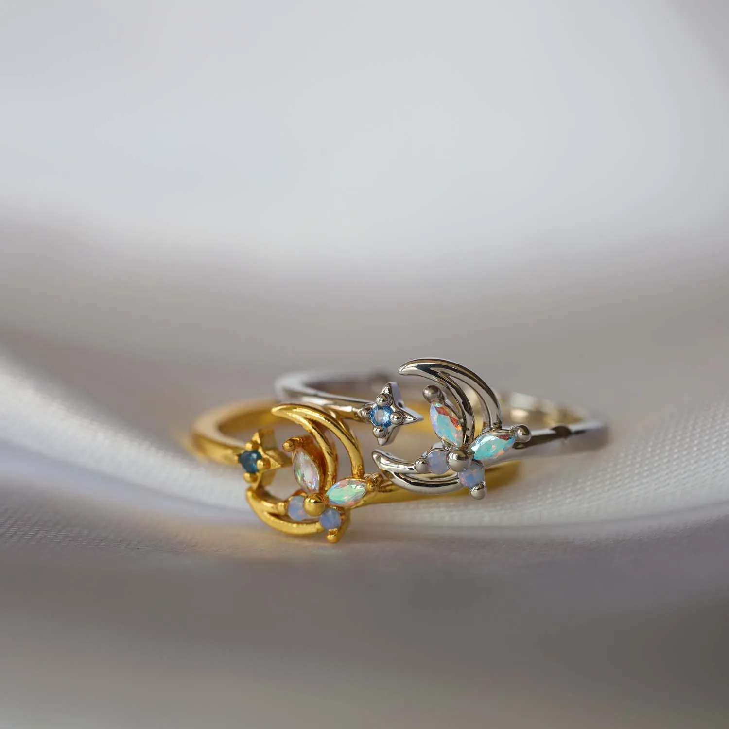 Blue Star Crescent Moon Open Adjustable Ring Opal Gemstone Butterfly Resizable Finger Ring Women Jewelry