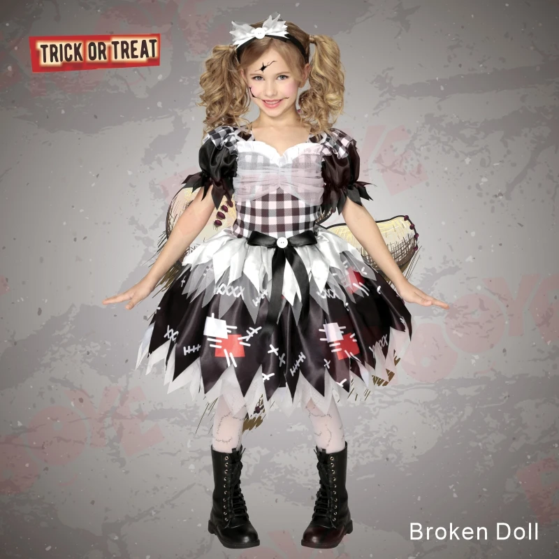 2023 Disguise Witch Costume for Girls Halloween  Broken Doll Skele Queen Dress Kids Carnival Cosplay Party Outfit Set Clothes