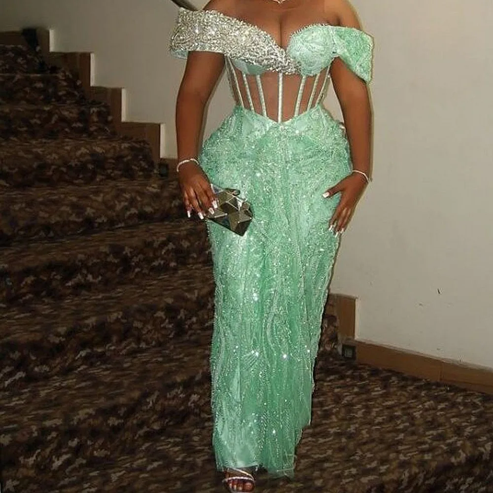 

Nigerian Mint Mermaid Evening Dresses Off The Shoulder Exposed Boning Floor Length Aso Ebi Prom Dress