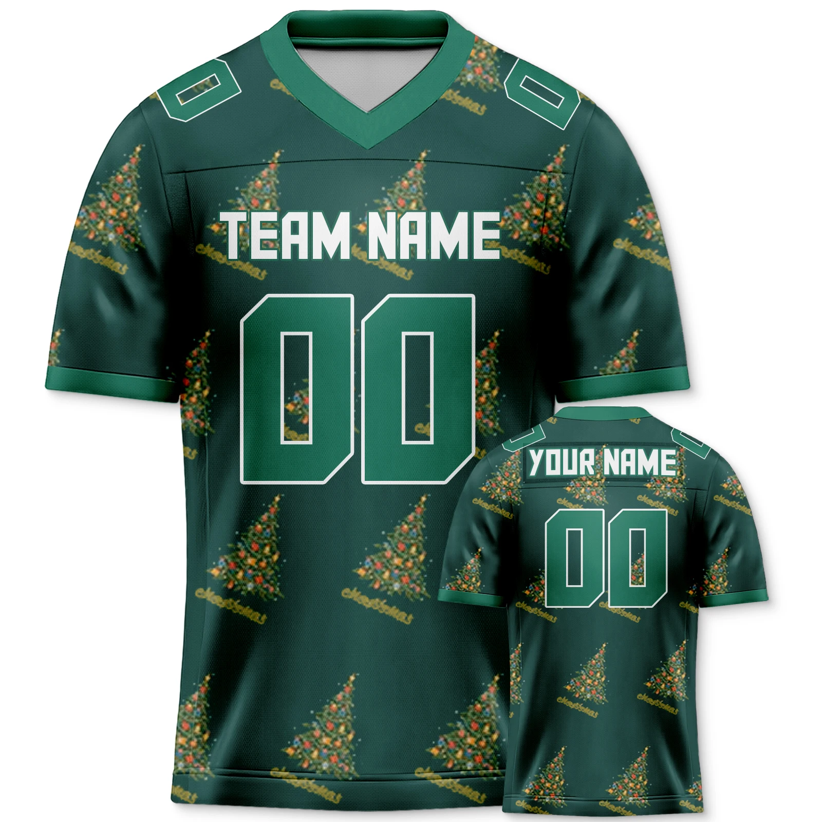 Kelly Green Christmas Custom American Football Jersey Xmas Tree Pattern Printed Team Name Number Gift for Men Women Youth Kids