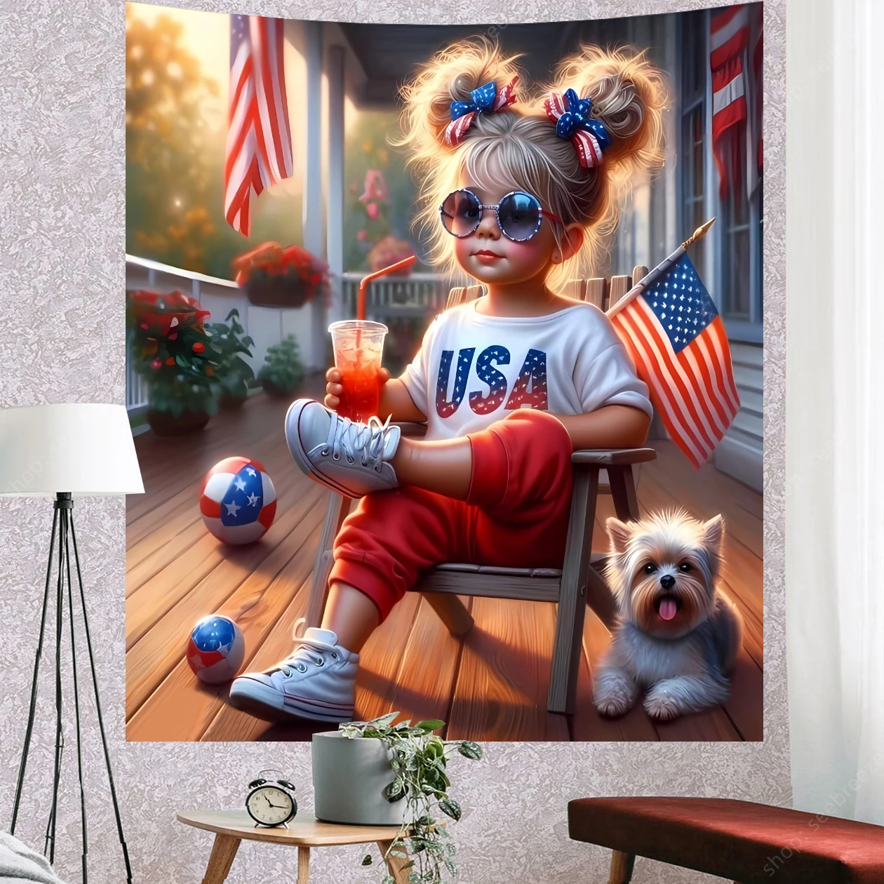 Pretty Little Girl Tapestry American Flag and Cute Dog Wall Tapestry for Kawaii Room Decor Aesthetics Bedroom Dorm Decoration