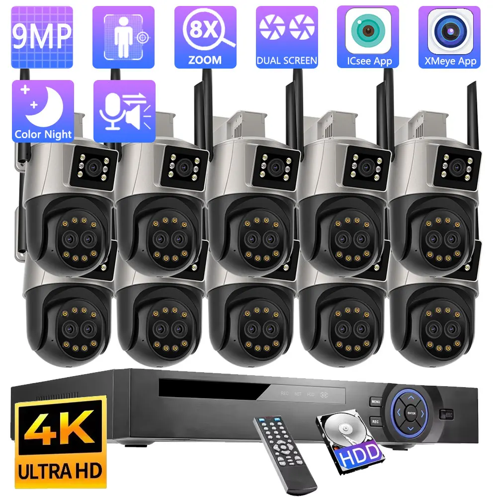 

4K 10CH NVR 8X Zoom 9MP CCTV PTZ Camera 3Lens Dual Screen Monitoring Real-time Alert ICSEE Notification WiFi Surveillance System