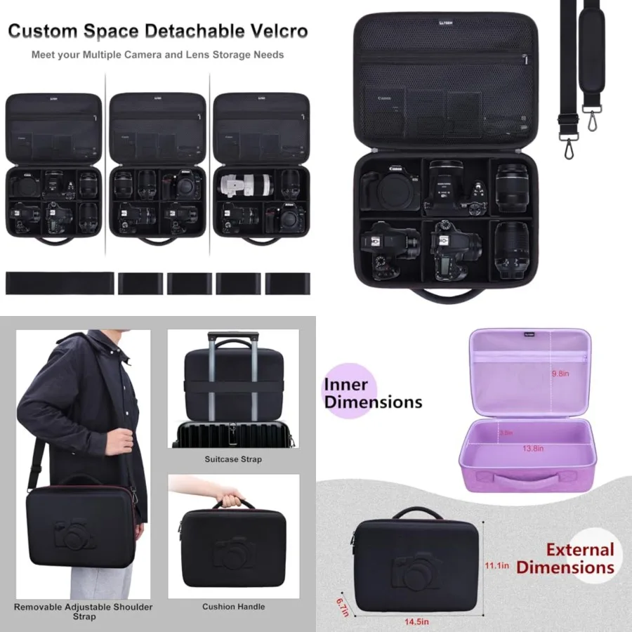 Camera Case Bag Compatible with Canon/Sony/Nikon DSLR Mirrorless Camera and Multiple Lens, Hard Travel Carrying Case with 5 Div