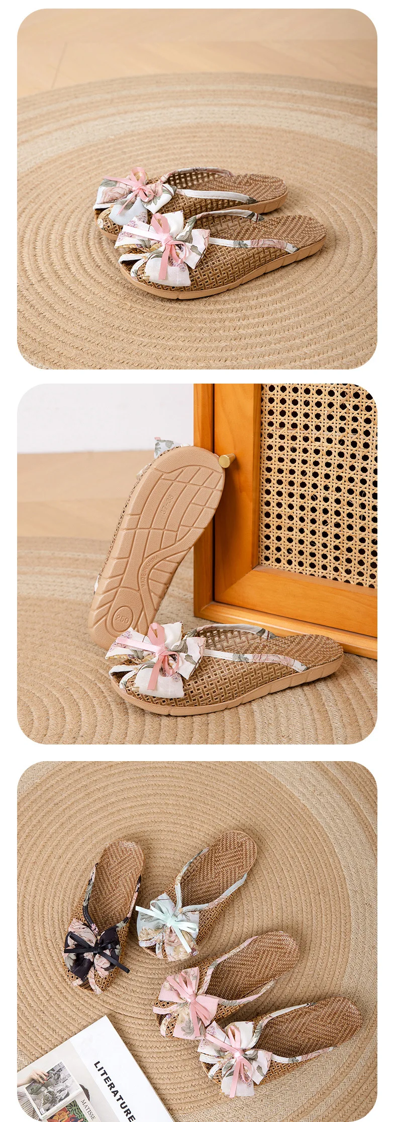 Rattan-Hausschuhe mit Fliege – niedliche Hausschuhe im koreanischen Stil, rutschfeste, atmungsaktive Innensandalen mit weicher Sohle für den Sommer – Detail 18