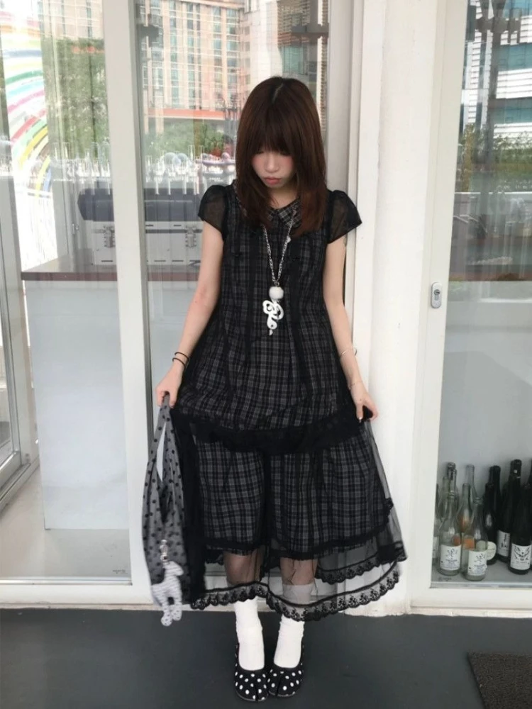 

Japanese Vintage Short Sleeve Lace Top + Midi Plaid Dress Two-Piece Set Y2k Retro High Waist Women Sweet Elegant Bodycon