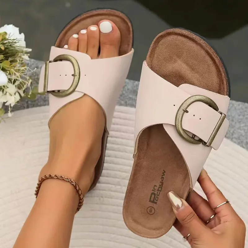 Litfun 2025, Damen-Hausschuhe aus Kork, modische Damen-Flip-Flops mit einzelner Schnalle, offene Zehen, Strandsandalen, Freizeitmode, Hausschuhe