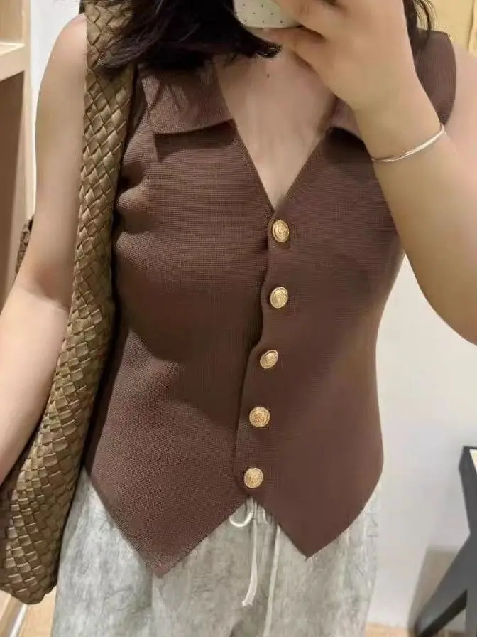 

Женский вязаный жилет Ne, многослойная одежда, мягкий французский свободный крой, однотонный топ на пуговицах