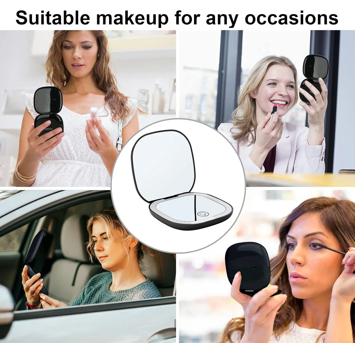 Oplaadbare zakspiegel, dubbelzijdige LED driekleurige aanraakbediening, compacte opvouwbare mini-reismake-upspiegel, 5x vergroting