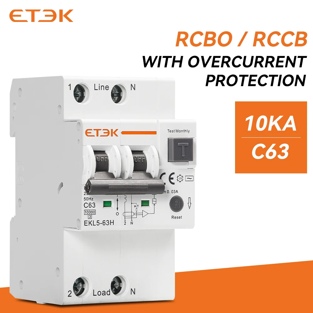 

Тип ETEK Автоматический автоматический выключатель переменного тока RCBO 10KA 2P 4P 16A 25A 40A 63A Защита от утечки перегрузки по току 30 мА EKL5