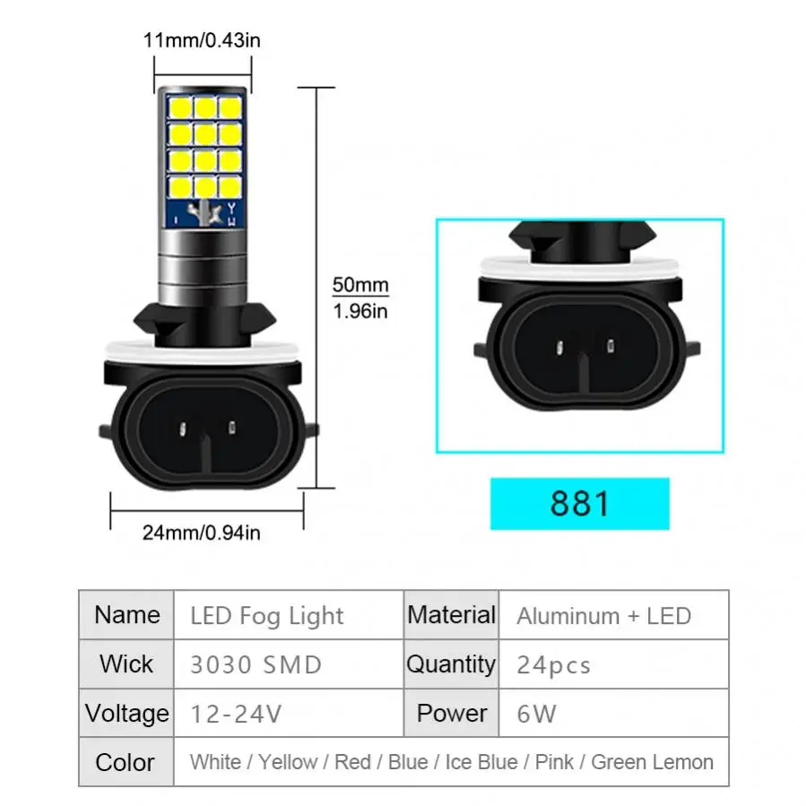 Luz antiniebla para coche, Bombilla de 24 LED superbrillante para conducción de camiones, DRL, 2 piezas, 881, 3030 Chips