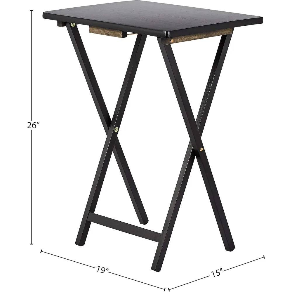 Portable Folding Tray Table Set with Storage Rack, 4-Pack Black Rectangular Design, 15x19x26 Inches