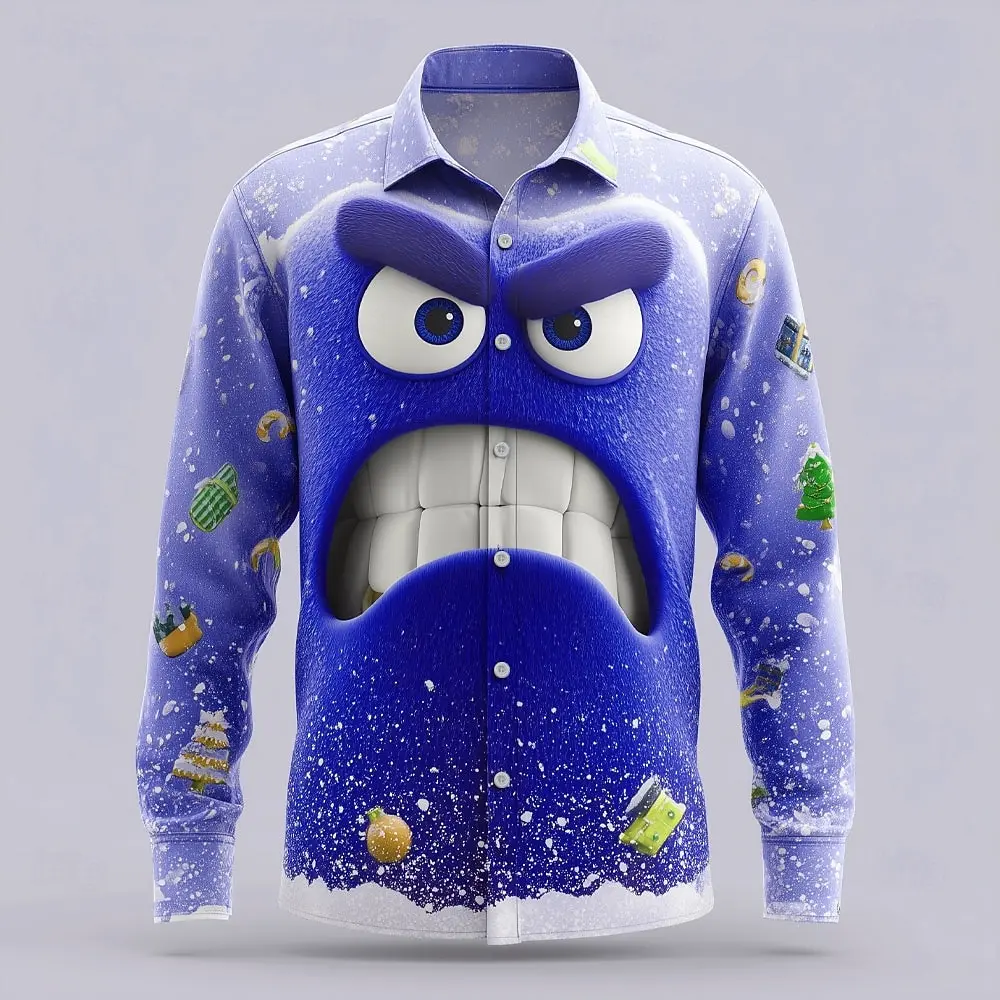 Men's Long Sleeve Shirt 2025 Christmas Men's 3D Cartoon Snowflake Funny Face Shirts Casaul Streetwear Comfort Slim Fit Shirts