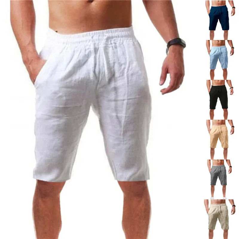 Men\'s Cotton Linen Shorts Pants Male Summer Breathable Solid Color Linen Short Trousers Fitness Streetwear S-3XL