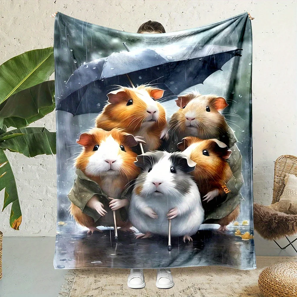 Cartoon Guinea Pig Print Flannel Blanket Digital Printing, Reversible, All-Season, 100% Polyester, Non-Woven, Fluffy & Soft