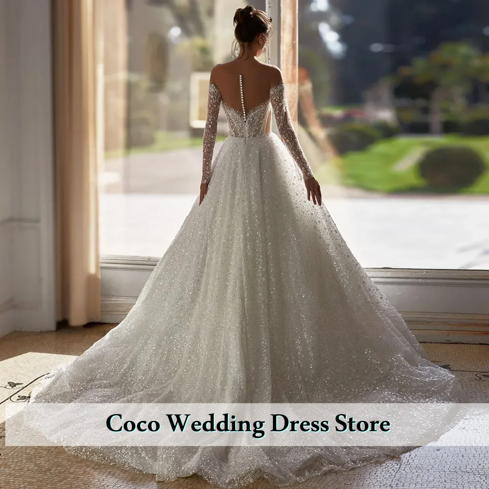 Customized Gorgeous Sparkle Wedding Dress A-Line Sheer Neck Long Sleeves With Illusion Back Bride Gown Vestidos De Novias