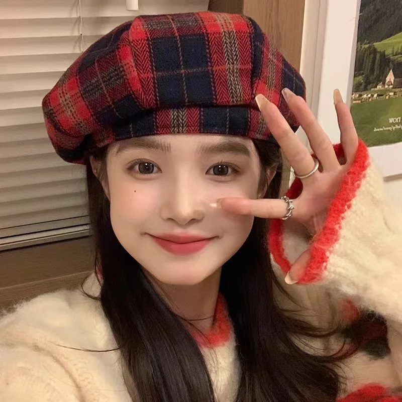 Ins Korean Retro Red Plaid Berets Caps for Women Autumn and Winter Fashion Niche Design Versatile Atmosphere Octagonal Hats