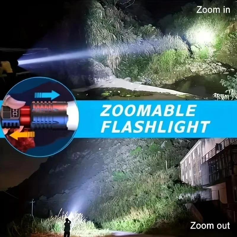 High Power LED Flashlight Portable Zoom Torch Type-C Rechargeable Waterproof Light COB Side Lamp for Outdoor Camping Hiking