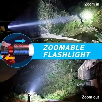 High Power LED Flashlight Portable Zoom Torch Type-C Rechargeable Waterproof Light COB Sid