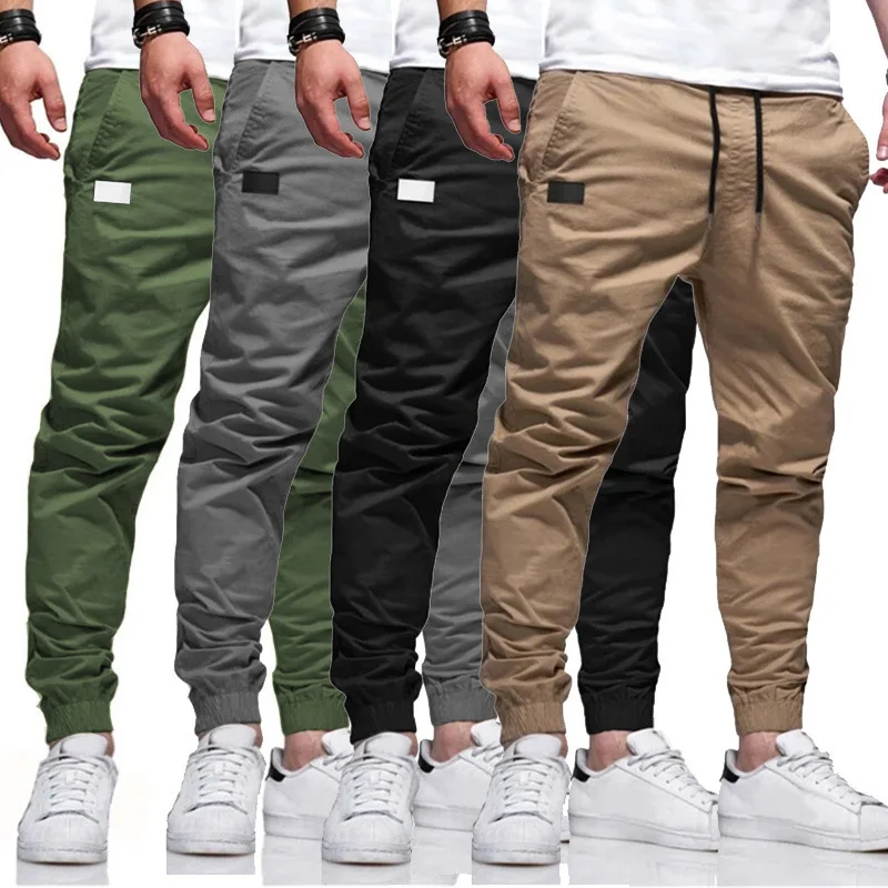 Calça cargo masculina, calça longa, lisa, reta, renda, cintura elástica, slim fit, bolso, casual, cordão, outono