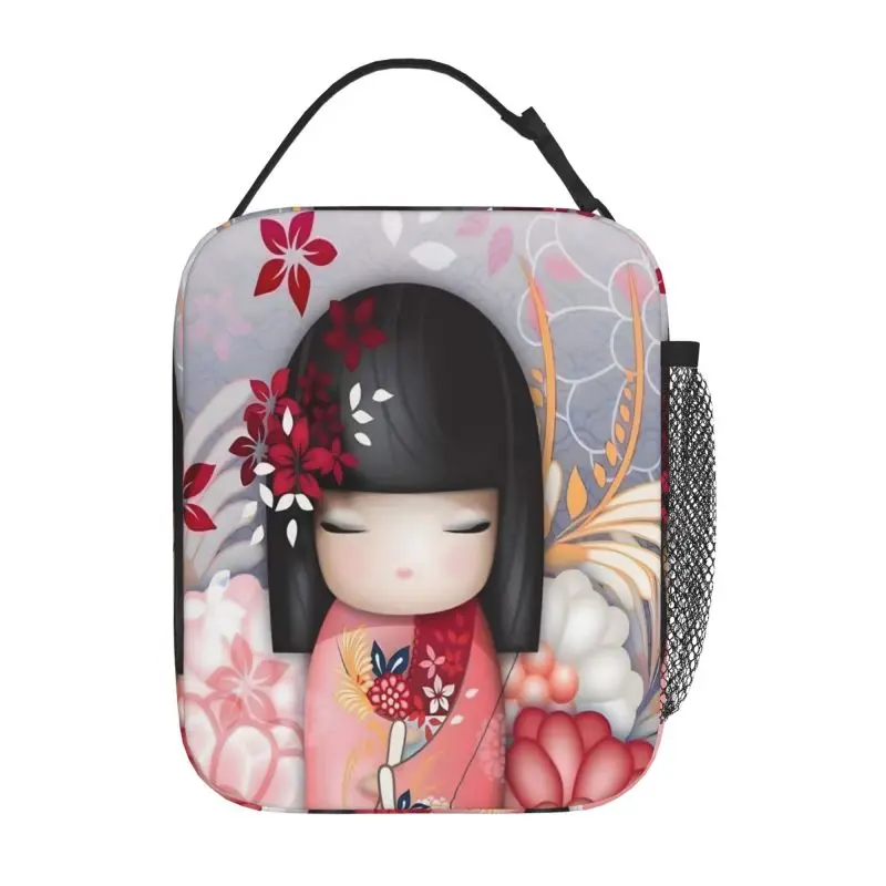 Red Sakura Kokeshi Doll lunch bag donna maschio Office Student bento Storage borsa isolata divertente borsa bento isolata addensata