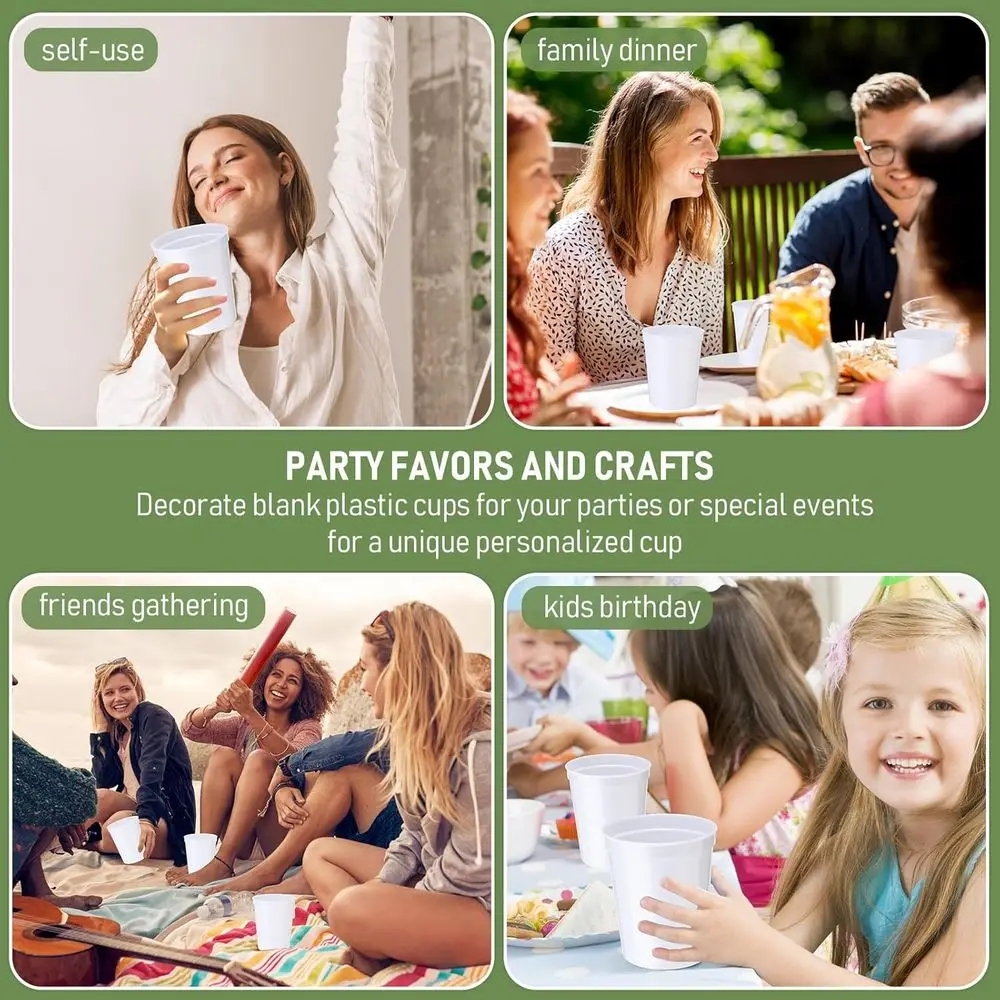 أكواب ملعب قابلة لإعادة الاستخدام سعة 16 أونصة، 200 عبوة، أكواب بلاستيكية بيضاء للمناسبات والأعمال اليدوية، 4.5 × 3.54 × 2.72