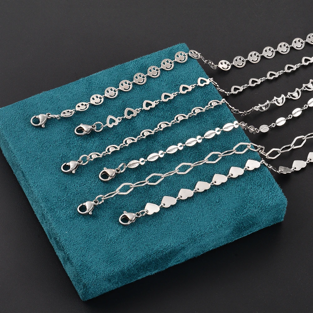 Women Bracelet Stainless Steel Chain Smiling Face Heart Link Cute Simple Silver Color Charm Bangles Jewelry Handmade Girl Gifts