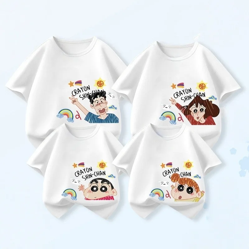 Camiseta informal de verano con estampado familiar de Crayon Shin Chan, cómoda camiseta de algodón para adultos, niños, padres e hijos, ropa deportiva holgada para parejas