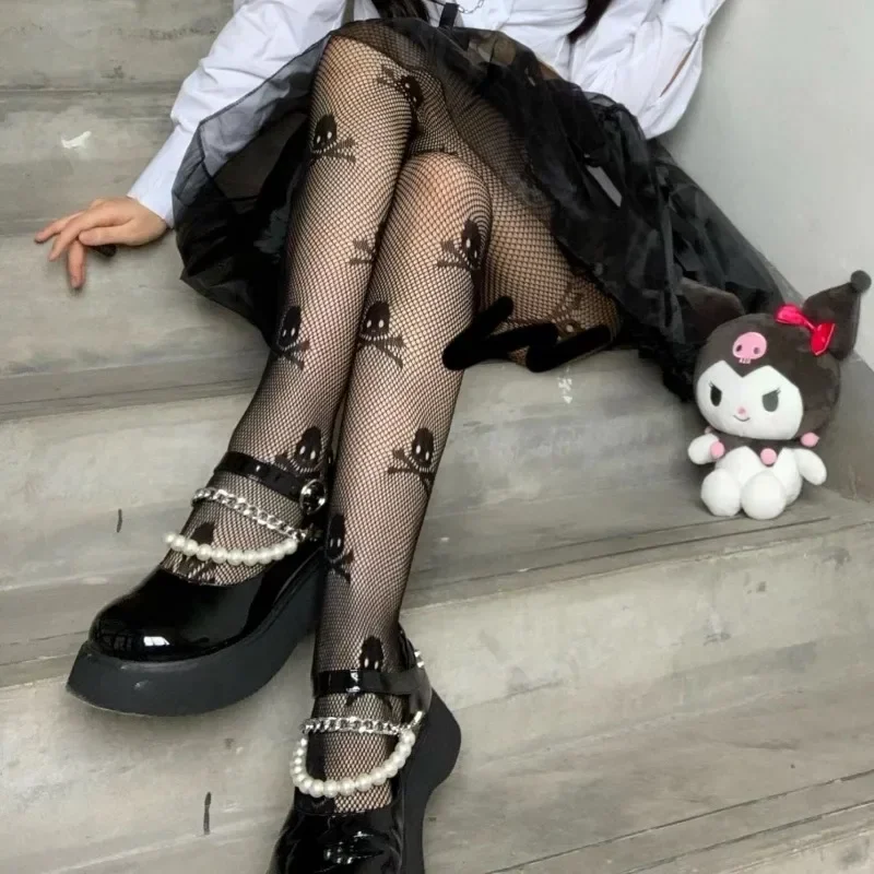 Halloween Black Skull Socks Sexy Gothic Punk Nylon Tight Pantyhose Dark Lolita Cosplay Hollow Out Stockings for All Saints' Day