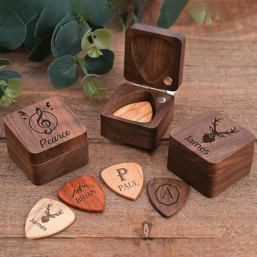 Custom Wooden Guitar Pick With Box Personalised Laser Engraving Guitar Pick Holder Best Man Gift For Guitarist Musician