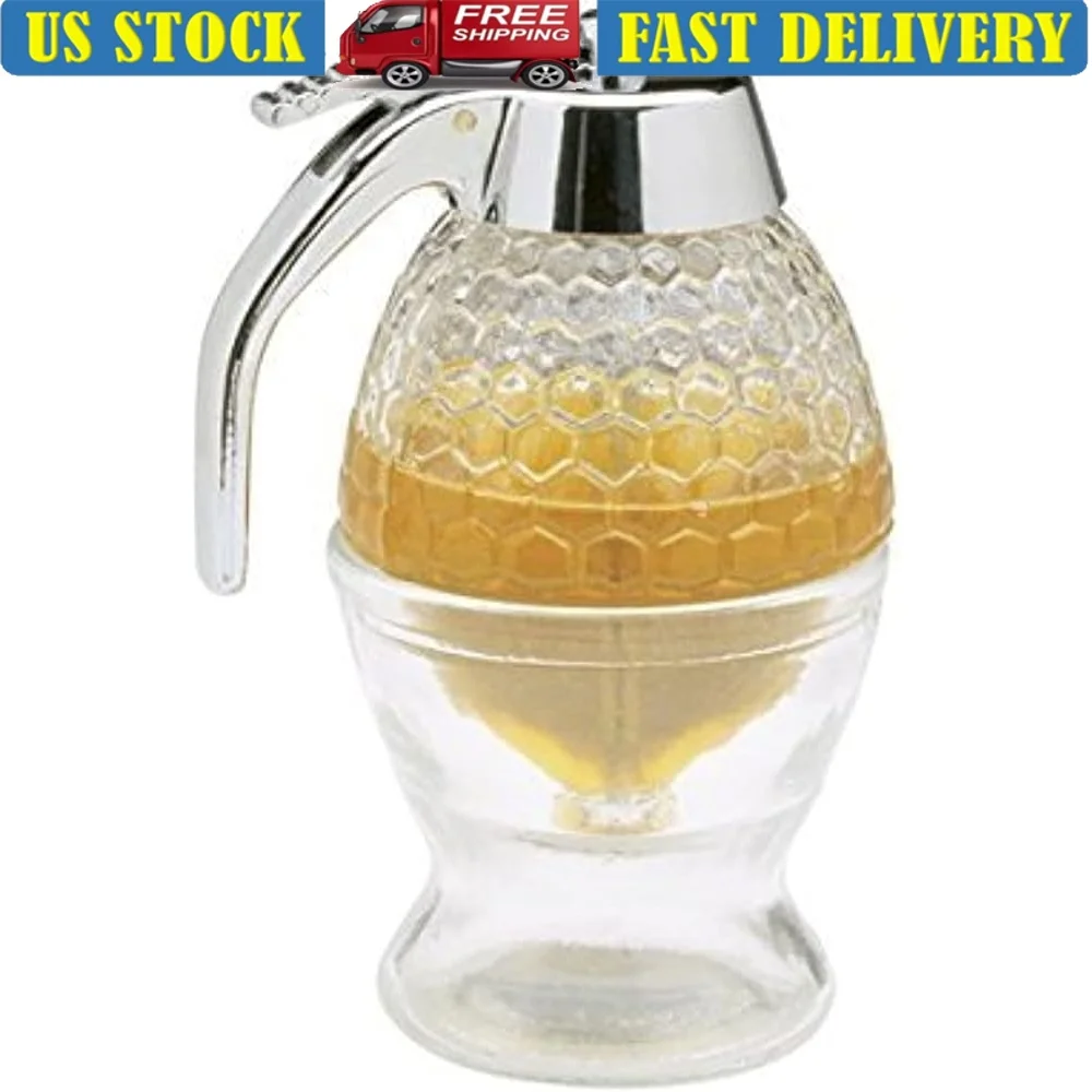 

Beehive Shape Honey Syrup Dispenser Glass Body Chrome Plated Lid Trigger Release Easy Use Elegant Dining Table Accessory