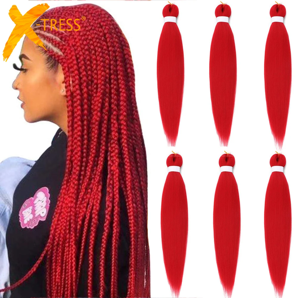 X-TRESS Red Colored Synthetic Pre Stretched Easy Braiding Hair Extension Itch Free Hot Water Setting Crochet Braid Yaki Straight