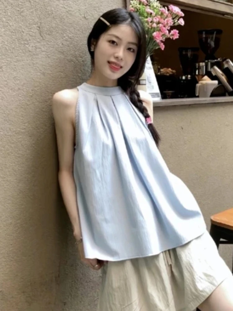 

Блузки женские темпераментные однотонные шикарные мягкие летние блузки в корейском стиле универсальные милые девичьи топы повседневные простые женские без рукавов