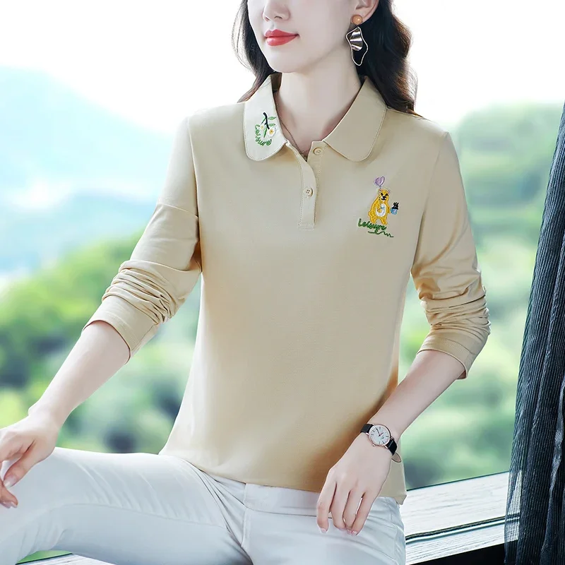 Embroidered Flower Long-sleeved T-shirt Sexy Polo Shirts Woman Sleeve Women Ladies Elegant T-shirts Cotton Luxury Clothes Golf