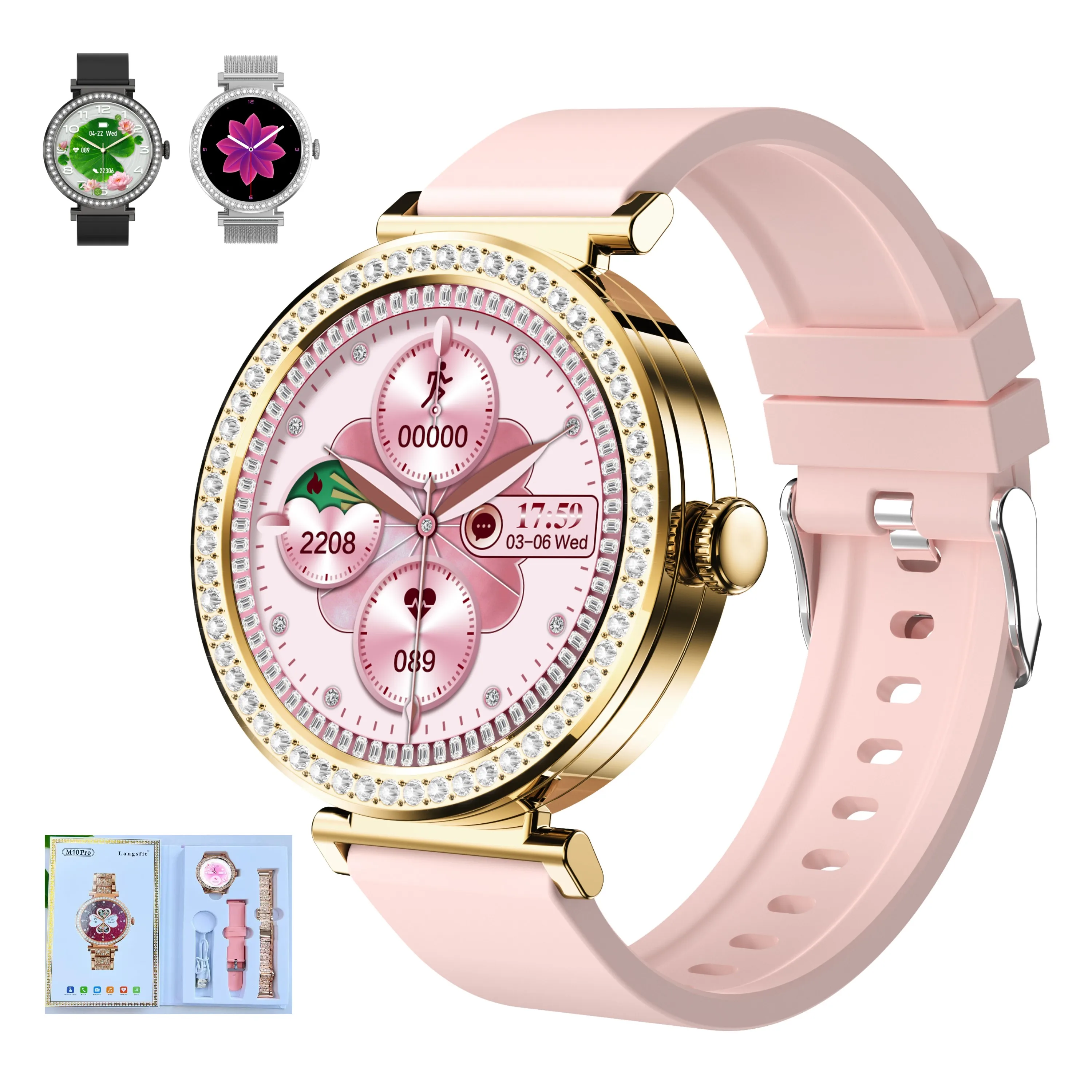 

Умные часы с бриллиантовой инкрустацией, отличный подарочный набор для женщин, металлический стальной ремешок, круглый сенсорный экран, умные часы для женщин