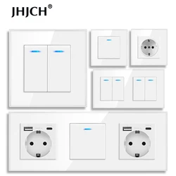 European Union Germany wall-mounted crystal glass white panel power socket with three plugs grounded, 16A triple power socket